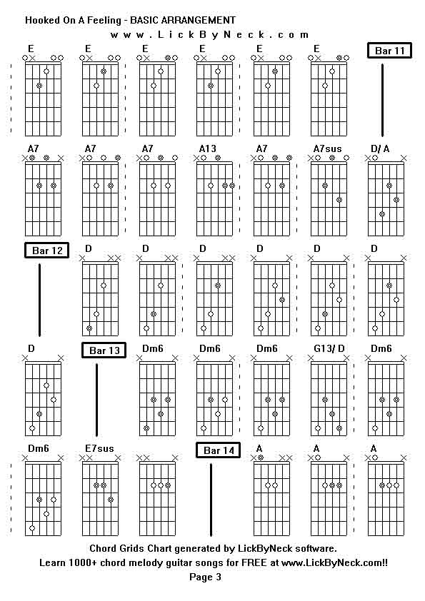 Chord Grids Chart of chord melody fingerstyle guitar song-Hooked On A Feeling - BASIC ARRANGEMENT,generated by LickByNeck software.